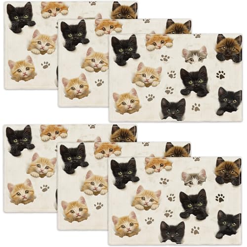 Cat Placemats Set of 6, Cute Black Cats Table Mats, Animal Washable Place Mats for Coffee Bar Home Party Indoor Kitchen Dining Table Decoration 12x18 Inch - color: Cat, size: Set of 6