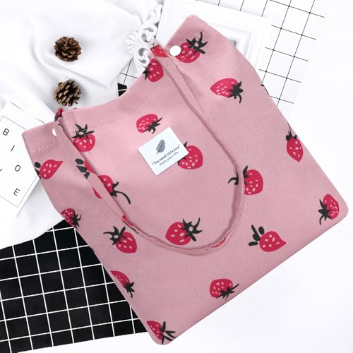 Ayieyill Corduroy Tote Bag for Women Canvas Shoulder Cord Purse with Inner Pocket - color: Pink Strawberry