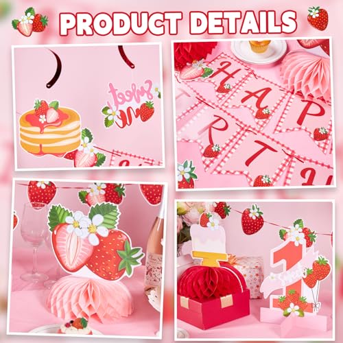 Paper Jazz Strawberry Birthday Party Decoration, Strawberry Decoration with Happy Birthday Banner and Berry Swirls, Strawberry Theme Party Supplie For First Birthday Girl Table Backdrop - color: Pink And Red