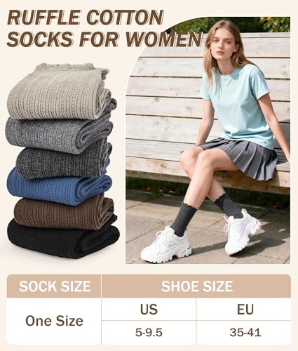 Justay 6 Pairs Ruffle Socks Women, Crew Cotton Frilly Boot Socks - color: Blue Black Brown Khaki Dark Grey Light Grey