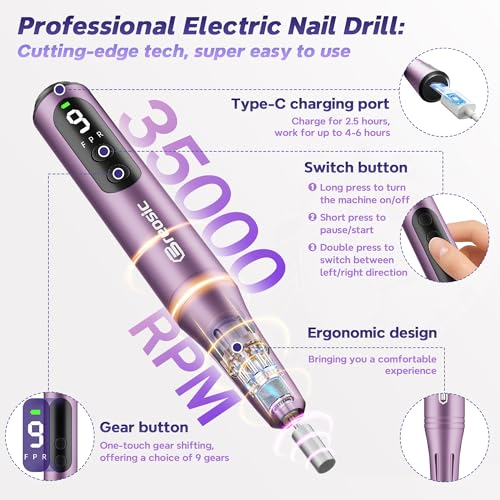 Professional Electric Nail Drill Kit for Acrylic Gel Nails, Purple