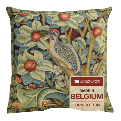 William Morris Woodpecker Left Tapestry Throw Pillow Cover 18x 18 in - color: Black Woodpecker Left