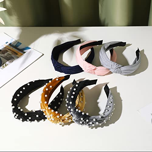 LOVNFC Womens Headbands 6 Pcs Knotted Head Bands No Slip Fashion for women Girls Wide Top Knot Turban Hair Bands Velvet Hair Hoops Hairband (gray blue pink) - color: Pure color with pearl B