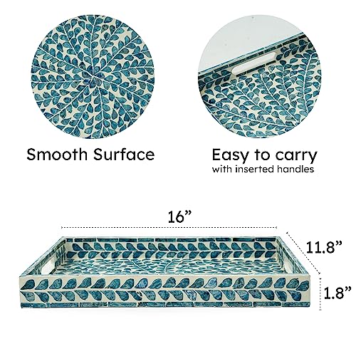 Serving Tray 15.7" X11.8", Lacquer Mother of Pearl Inlay Mosaic Tray, Rectangle Wooden Marble Tray with Handles Trays for Tea, Breakfast in Bed, Table (Blue) - color: Leaf Style
