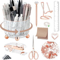 Rose Gold Desk Accessories, Office Supplies Desk Organizers 360°Pen Holder Acrylic Stapler Set, Phone Holder, Ballpoint Pen, Scissor, Binder Clips, Ruler, Transparent Glue, Sticky Note and Staples. - color: Rose Gold