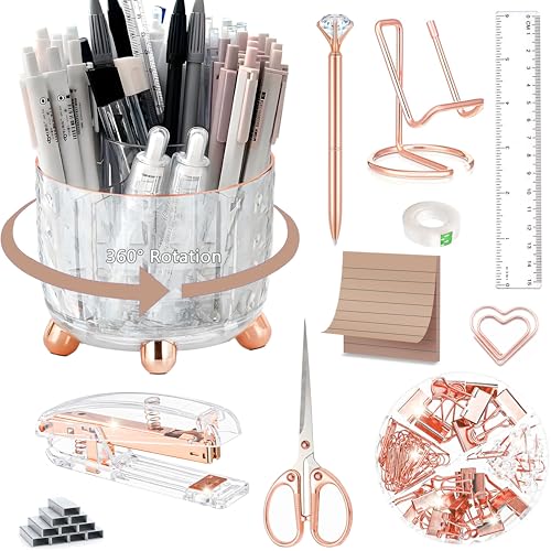 Rose Gold Desk Accessories, Office Supplies Desk Organizers 360°Pen Holder Acrylic Stapler Set, Phone Holder, Ballpoint Pen, Scissor, Binder Clips, Ruler, Transparent Glue, Sticky Note and Staples. - color: Rose Gold
