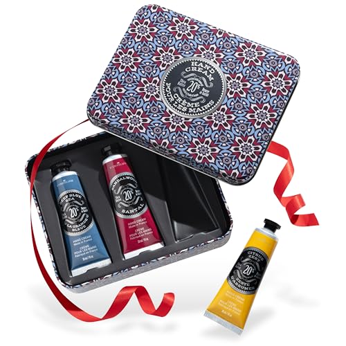 La Chatelaine Hand Cream Gift Set for Men, Ready-To-Gift Travel Size Hand Lotion, Natural Hand Cream Made in France with 20% Organic Shea Butter (Deep Blue Sea, Sandalwood, Citrus Zest) 3 x 1 fl oz - style: Red Mosaic