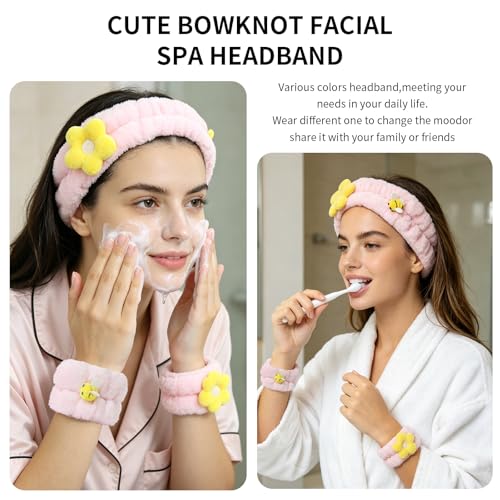 PERFECTSIGHT Kawaii Headband for Spa, Makeup, Washing Face, Party - 2 Pack Cute Hair Band for Shower Beauty Skincare, Soft Facial Headbands for Girls and Women (Pink Flower Bee) - color: Pink Flower Bee