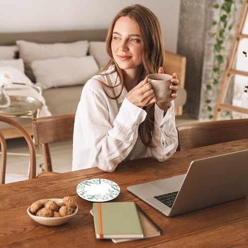 Drinks Coasters Set of 4, Green Plants Sage Round 4" Cup Coasters, Absorbent Ceramic Stone Coasters with Cork Base, Cute Coasters for Table Home Décor, Ideal Gifts for Women Men - color: Green Plants Sage