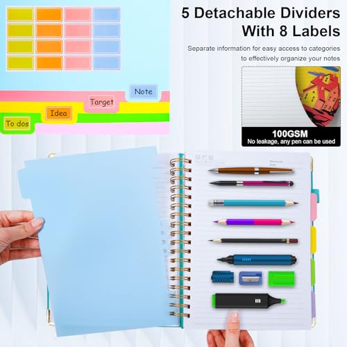 Hardcover Spiral Notebook 6.2"x 8.2" Journal Notebook with Tabs and Removable Dividers 300 Pages 5 Subject Notebook College Ruled, Faux Leather Spiral Bound Notebook for Women School Work (Black) - color: Black, size: 6.2"x8.2"(A5)