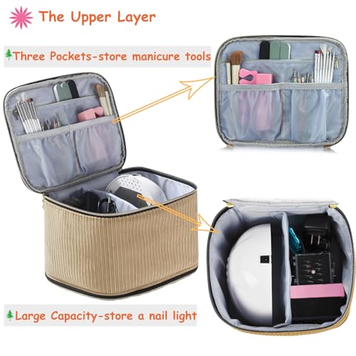 Corduroy Nail Polish Organizer and Nail Lamp Case, Nail Kit Organizer Holds 30 Bottles (15ml - 0.5 fl.oz) and a Nail Lamp, Nail Polish Carrying Case with Manicure Tools Storage Sections (Brown) - color: Brown