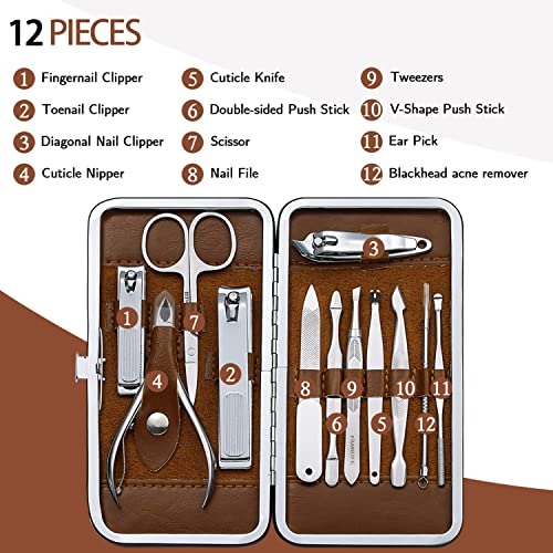 FAMILIFE Manicure Set, Professional Nail Kit Nail Clipper Set, 12PCS Stainless Steel Manicure Kit, with Brown Leather Travel Case Luxury Gifts for Him - color: Light-brown