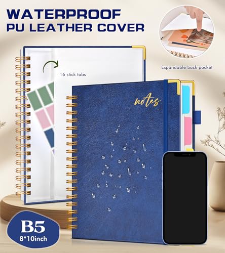 5 Subject Spiral Notebook Journal with Removable Dividers Tabs, 300 Pages Organizer Notebooks for Work School, 8"x10" Hardcover Leather Notebook College Ruled, Large Lined Journal for Women Men,Navy - color: Navy, size: B5
