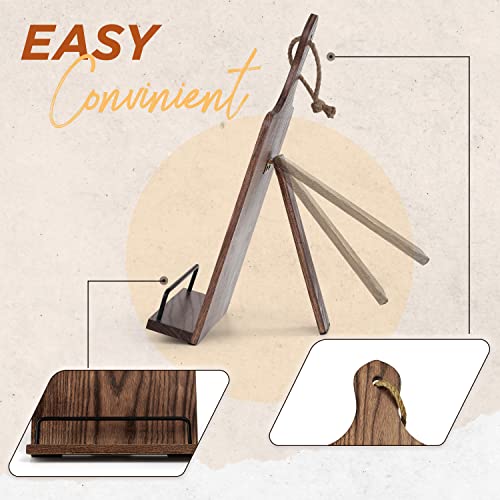 FANATU Cookbook Stand, Rustic Wood Cookbook Holder Cutting Board Style, Adjustable Recipe Ipad Tablet Book Holder and Stand for Kitchen with Anti-Slip Kickstand (Dark Brown)