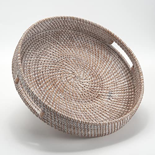Coffee Table Tray Round Rattan Ottoman Tray Woven Serving Trays with Handles for Home and Kitchen Decorative Whitewash (Large 16.9 inch) - color: Whitewash, size: 16.9"