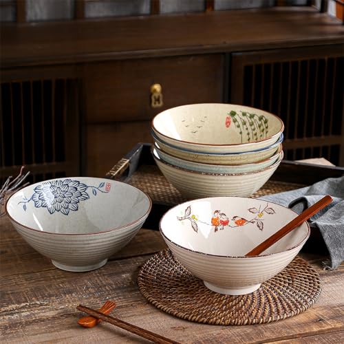 Ceramic Ramen Bowl Set, 2 Sets 34 Ounces Large Japanese Noodle Soup Bowls with Spoons and Chopsticks for Soup Udon Soba Pho Asian Noodles Pasta Salad