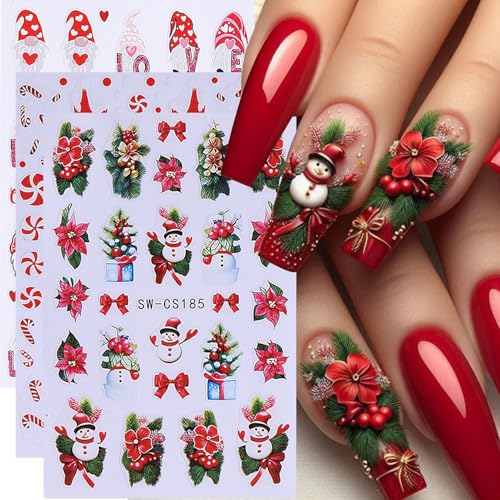 Christmas Nail Art Stickers Decals 16PCS 3D Self-Adhesive New Year Sticker for Nail Art Santa Claus Tree Elk Snowman Gonks Red Designs DIY Xmas Winter Decor Nail Art Supplies for Women - style: Christmas