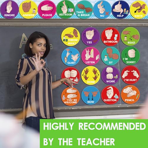 ASL Classroom Hand Signal Cards - 36 Classroom Hand Signal Decor Sign Language Posters for Teachers Students Visual Cues (Retro Groovy)