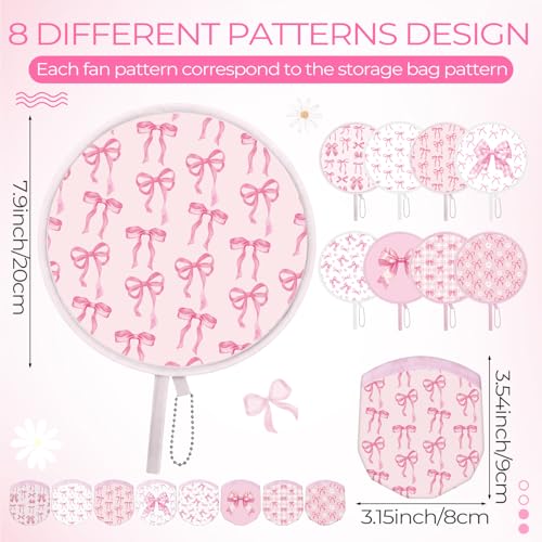 AceOrbit 24 Pcs Pink Bow Round Foldable Hand Fans Bulk 8 Style Coquette Japanese Foldable Fan Pop up Round Handheld Cooling Fan with Pouch for Women Bachelorette Birthday Bridal Party Favor Decoration - style: Pink Bow