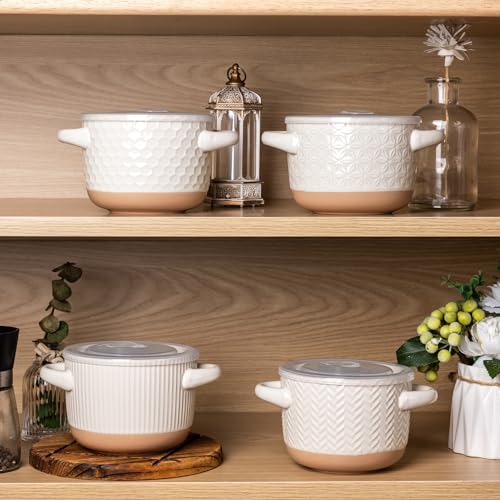 AmorArc 24 oz Soup Bowls with Lids, Ceramic Soup Containers with Handle - color: Light Beige(Geometric), size: Set of 2
