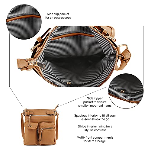 SG SUGU Katie Lightweight Medium Crossbody Bag Shoulder Bag with Multi Pocket for Women - color: Cognac