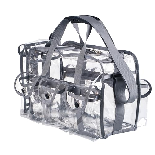 Wide Mouth Large Professional Clear PVC Travel Makeup Artist Set Bag Cosmetic Nails Beauty Bags Transparent Vinyl Tool Organizer Work Bag Beach Bags Diaper Bag with 6 External Pockets & Strap (Grey) - color: Grey