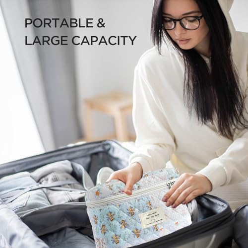 Sminra Large Travel Makeup Bag for Women, Quilted Cosmetic Case with Handle - color: Blue Floral Collage-L