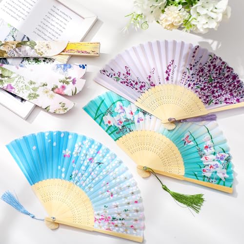 Zonon 4 Pack Hand Held Folding Fans for Women Silk,Bright - style: Bright