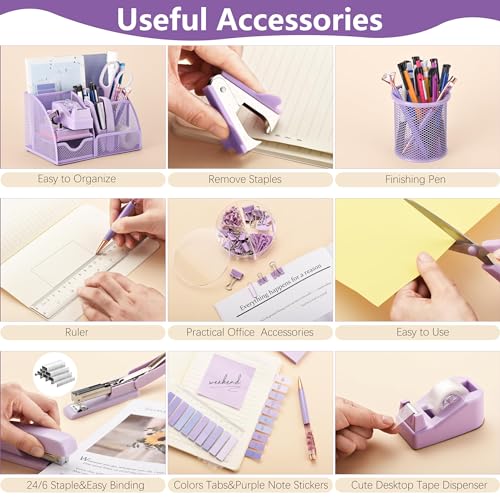 Fayoo 15 Pcs Purple Office Supplies Set Mesh Desk Organizer Accessories Kit - color: Purple