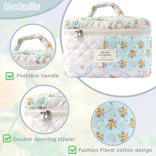 Sminra Large Travel Makeup Bag for Women, Quilted Cosmetic Case with Handle - color: Blue Floral Collage-L