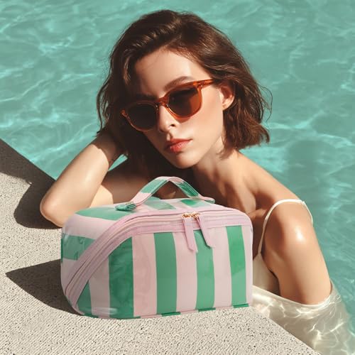 DYSHAYEN Travel Makeup Bag, Pink and Green Striped - color: Pink-Green