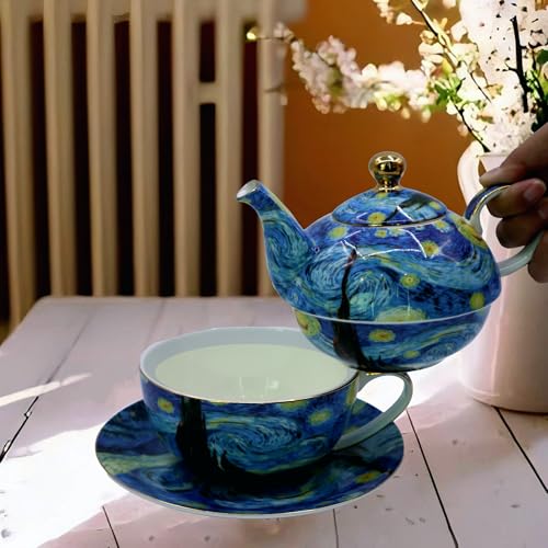 Porcelain 13 OZ Tea for One Teapot and Cup Set Vintage Floral Ceramic Tea Set European Style Tea pot and Saucer Set (Starry Sky) - color: Starry Sky