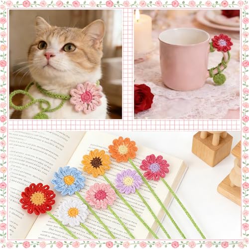 8 Pack Crochet Flower Bookmarks Daisy Sunflower Book Marks for Reading Gift - color: Colorful Flower