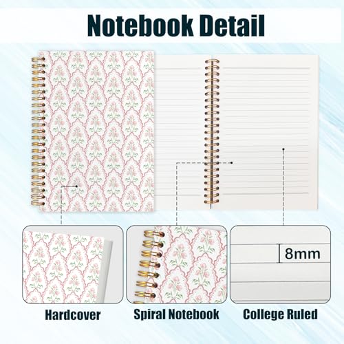 Preppy Pink Floral Spiral Notebook Journal,Coquette Grandmillennial Flower Journal Notebooks for Note Taking, Chinoiserie Floral Hardcover Notebook,5.5x8.3 Inch - color: Pink Floral