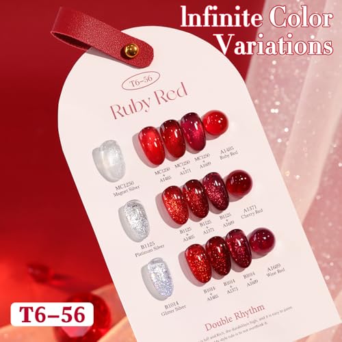Double Rhythm 6 Pcs 15 ML Gel Polish Set Same Color Same Bottle Soak Off Gel Polish Kit Nail Art Manicure Salon DIY at Home for Women (Jelly Burgundy Red Glitter Silver -T6-56) - color: Jelly Ruby Red