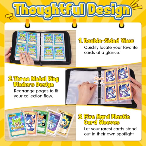 Card Binder, 4-Pocket Design, 400-Card Capacity with 5 Top loaders(Yellow Bolt) - color: Yellow Bolt, size: 4-Pocket