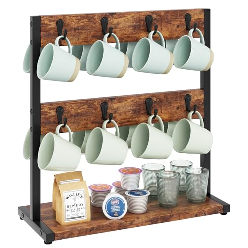 IBUYKE Coffee Mug Holder for Countertop,16 Hook Mug Tree,Brown TBJ001H - color: Rustic Brown, size: no shelf(16 mugs)