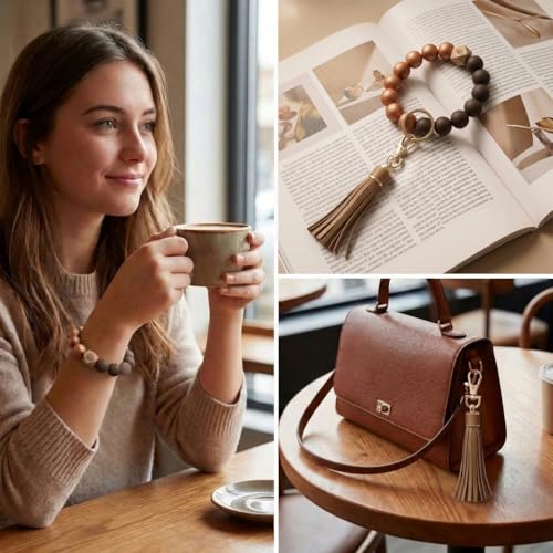 BIHRTC Key Ring Bracelet Car Keychain Holder Wristlet Silicone Women Beaded Bangle Chains - color: Brown Coffe Eye