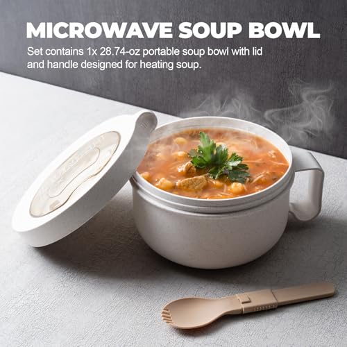 MATICAN Microwave Soup Bowl with Lid, Soup Mug with Lid, Microwave Containers for Ramen Noodles, Soup, Beverages, 28.74 Ounces, Eggshell White, Includes Spork - color: Eggshell White