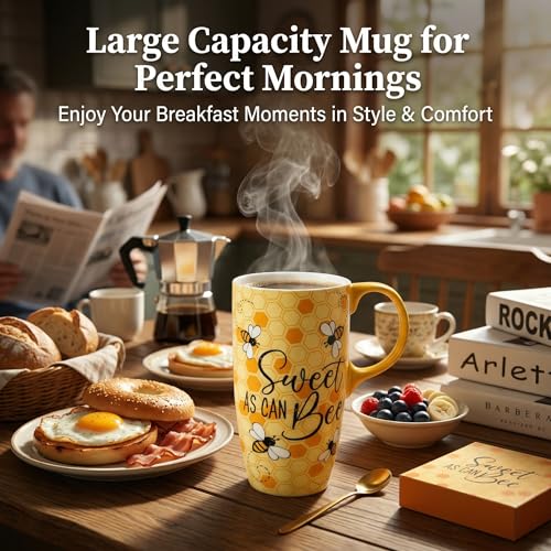 Topadorn 17oz Ceramic Travel Mug with Lid & Gift Box, Honey Bee Coffee Mug - color: Bee & Text