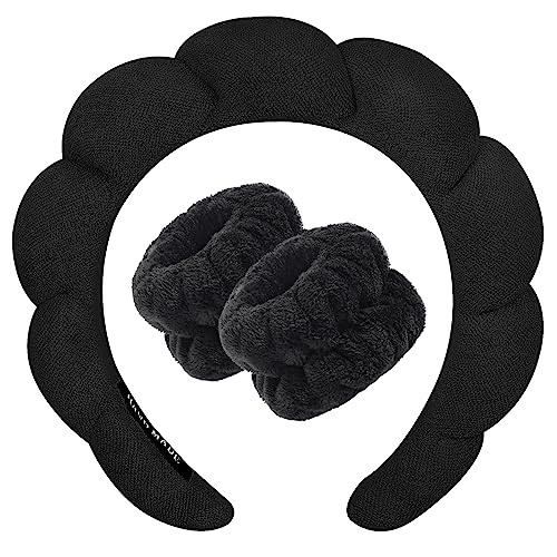 Zkptops Spa Headbands for Women Face Washing Wristband Sponge Makeup,Black - color: Black