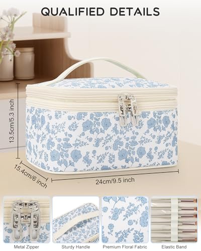 Relavel Travel Makeup Bag, Floral Cosmetic Bag with Brush Compartment - color: 01-Blue, size: Large