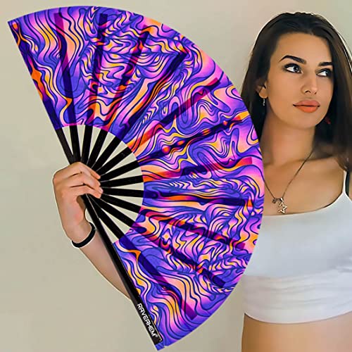 UV Glow Rave Fan, Bamboo Folding Clack Hand Fans Foldable for Men Women, Poping Fan for EDM Festival Line Dance Decoration, (Wellen, Medium 11") - color: Wellen, size: Medium 11"