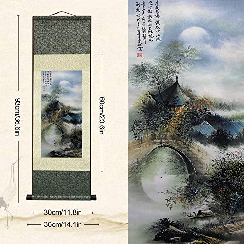 AtfArt Silk Scroll Painting, Waterfall Landscape, Set of 4, 36.2x12in - color: A8