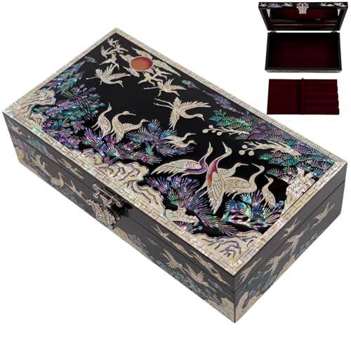 February Mountain Mother of Pearl Jewelry Organizer box - Handmade Large Wooden Box Romantic Anniversary Birthday Gifts for women (Cranes with Red Sun) - style: Cranes with Red Sun