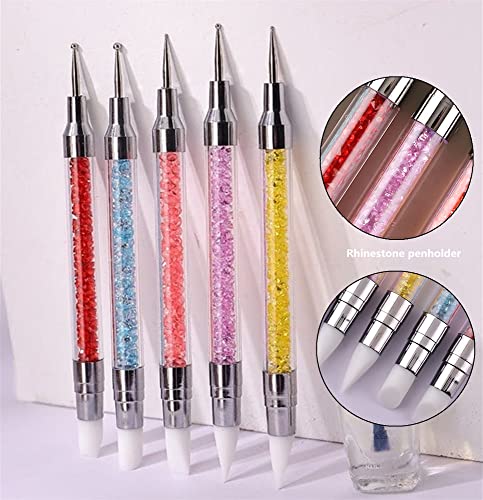 FULINJOY 5PCS Dual-Ended Nail Art Sculpture Pen Dotting Tools, Silicone Nail Polish Brushes Stainless Steel Carving Drawing Dotting Tool, Acrylic Rhinestone Handle, Nail Art Tools