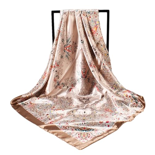 35 Inches Silk Head Scarf-Satin Hair Scarves Silk Bandana Scarf Headscarf for Women's Fashion Scarves - color: Large Floral Cashew Nut - Brown