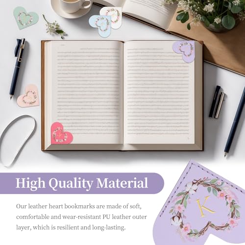 6 Pack Macaron Colorful Bookmarks,Heart Shape Leather Bookmark Set with Floral Initials,Cute UV Printed Design,Bulk Graduation Gifts for Students Teachers Book Lovers,Elegant Thank You Gift (K) - style: K