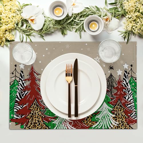 Watercolor Xmas Tree Placemats for Dining Table Set of 4, 12 x 18 Inch Winter Snowflake Heat Resistant Xmas Linen Dining Table Mats for Home Kitchen Tabletop Decoration - color: Watercolor Xmas Tree