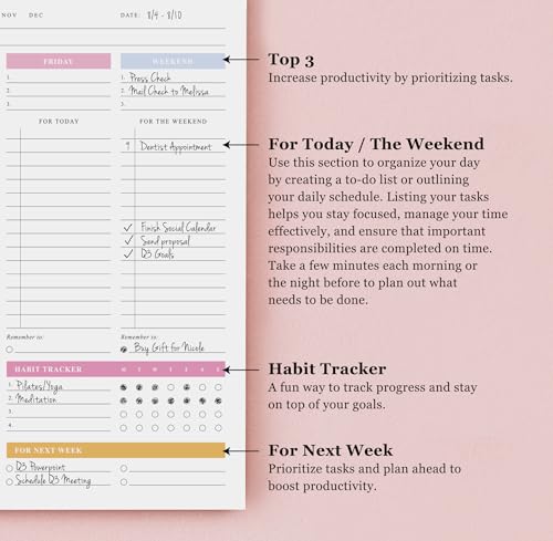 ThreeKin Weekly Planner - Premium 52-Sheet Tear-Off Notepad, 8.5 x 11 inches, Clean Colorful Design, Perfect for Work, School, Projects, and Entrepreneurs, Female & USA Owned Business - size: 8.5" x 11", style: Colorful